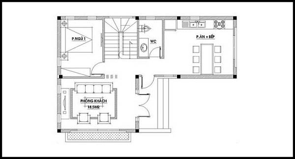 Bản vẽ nhà chữ L 2 tầng 80m2 mái Nhật với thiết kế tầng 1 đơn giản 