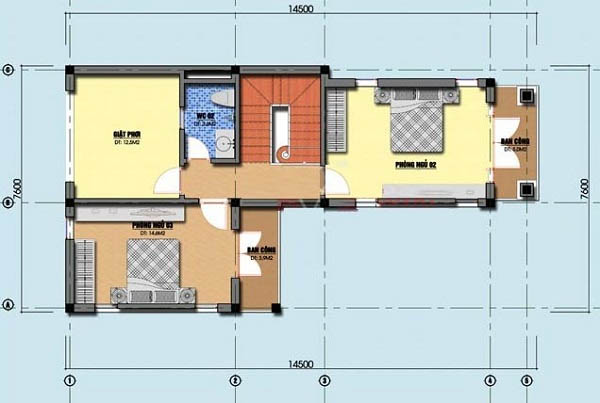 Bản vẽ mặt bằng tầng 2 thiết kế nhà 2 tầng chữ L 80m2