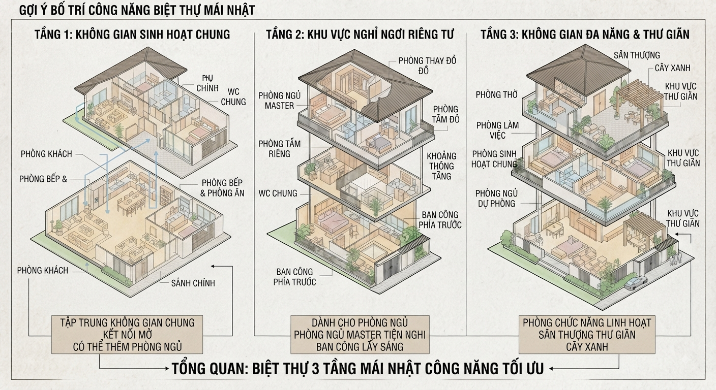 Gợi ý bố trí công năng biệt thự mái Nhật